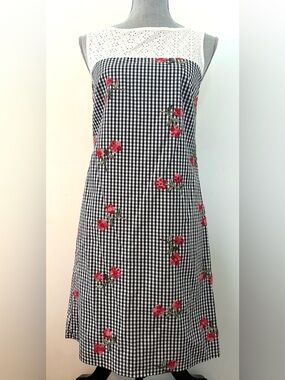 Embroidered Cotton Black and White Gingham Shift Sundress